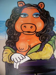 Painting of Mizz Piggie as Mona Lisa. 40x40"
