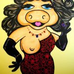 Painting by PicosPelegri.com Painting of Mizz Piggie in Dolce Gabbana dress and Yellowish background.