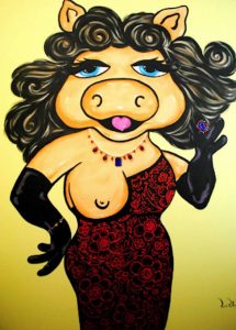 Painting by PicosPelegri.com Painting of Mizz Piggie in Dolce Gabbana dress and Yellowish background.