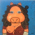 Painting by PicosPelegri.com Painting of Mizz Piggie in glitter dress and doodled background.