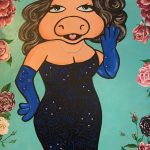Painting by PicosPelegri.com Painting of Mizz Piggie in studded dress and floral background.