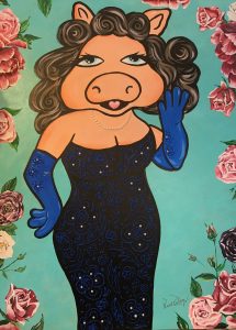 Painting by PicosPelegri.com Painting of Mizz Piggie in studded dress and floral background.