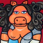 Painting by PicosPelegri.com Painting of Mizz Piggie in studded dress and red background.